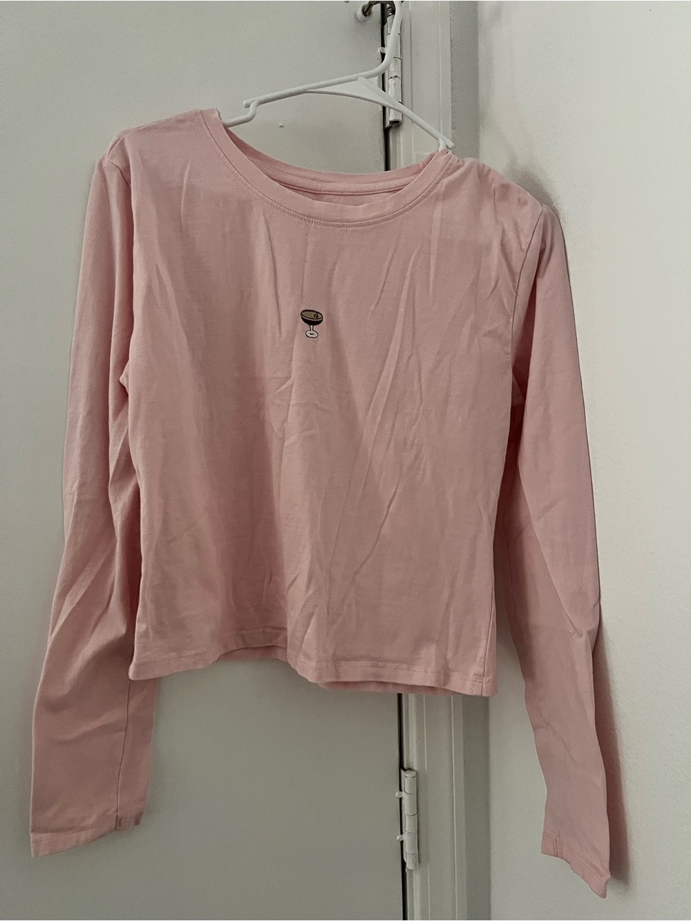 Women's Long Sleeve Light Pink Crewneck Top with Subtle Embroidery